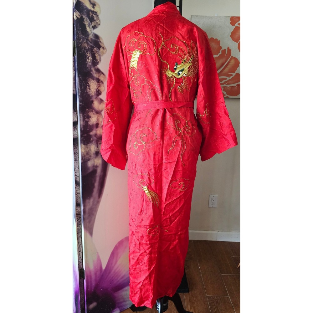 Vintage Red Satin Kimono Robe Gold Dragon Embroidery Long Loungewear Dress - Picture 13 of 13